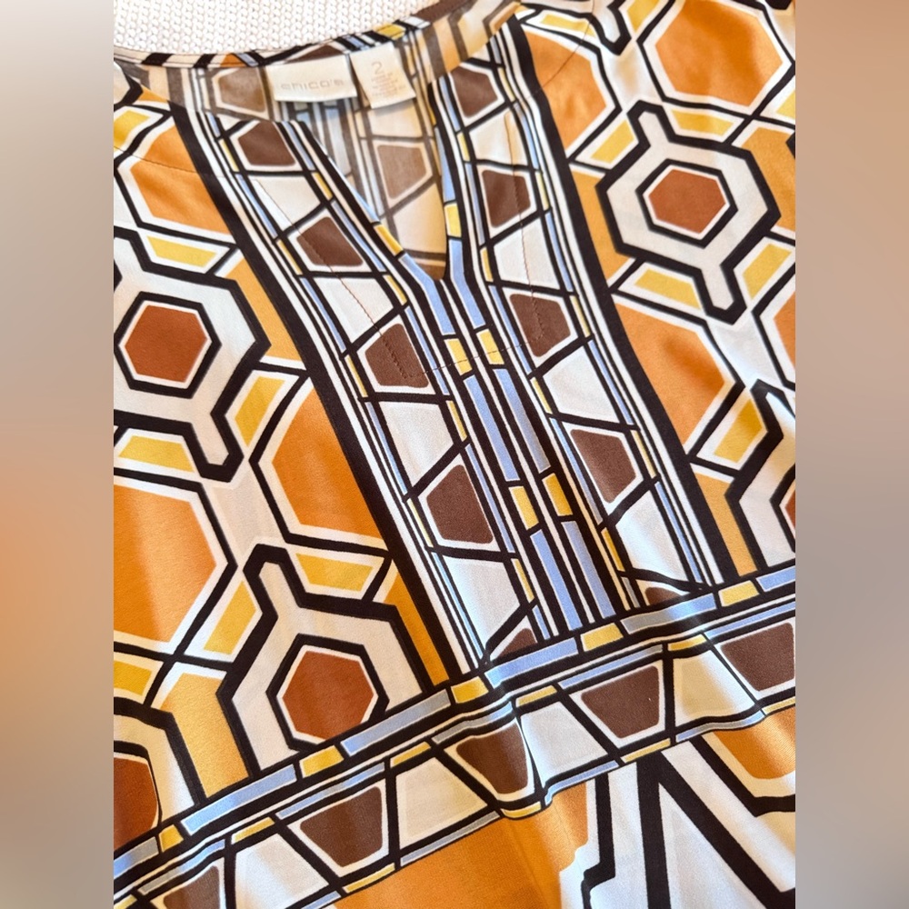 CHICO’S Yellow Gold White & Brown Geometric Blouse Tunic Top - Picture 10 of 16